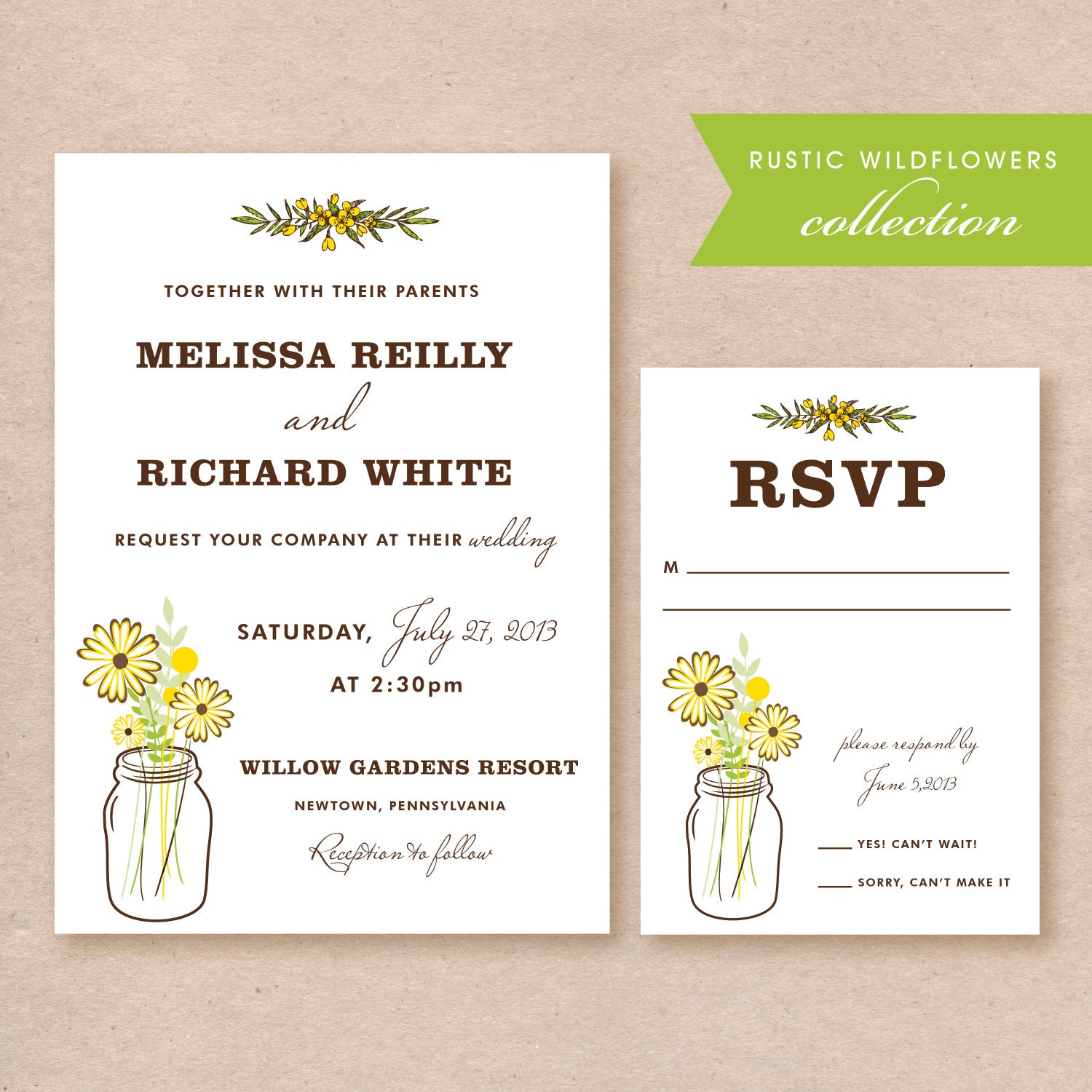 Rustic Mason Jar - Flowers - Wedding Invitation Printables DIY Print at Home
