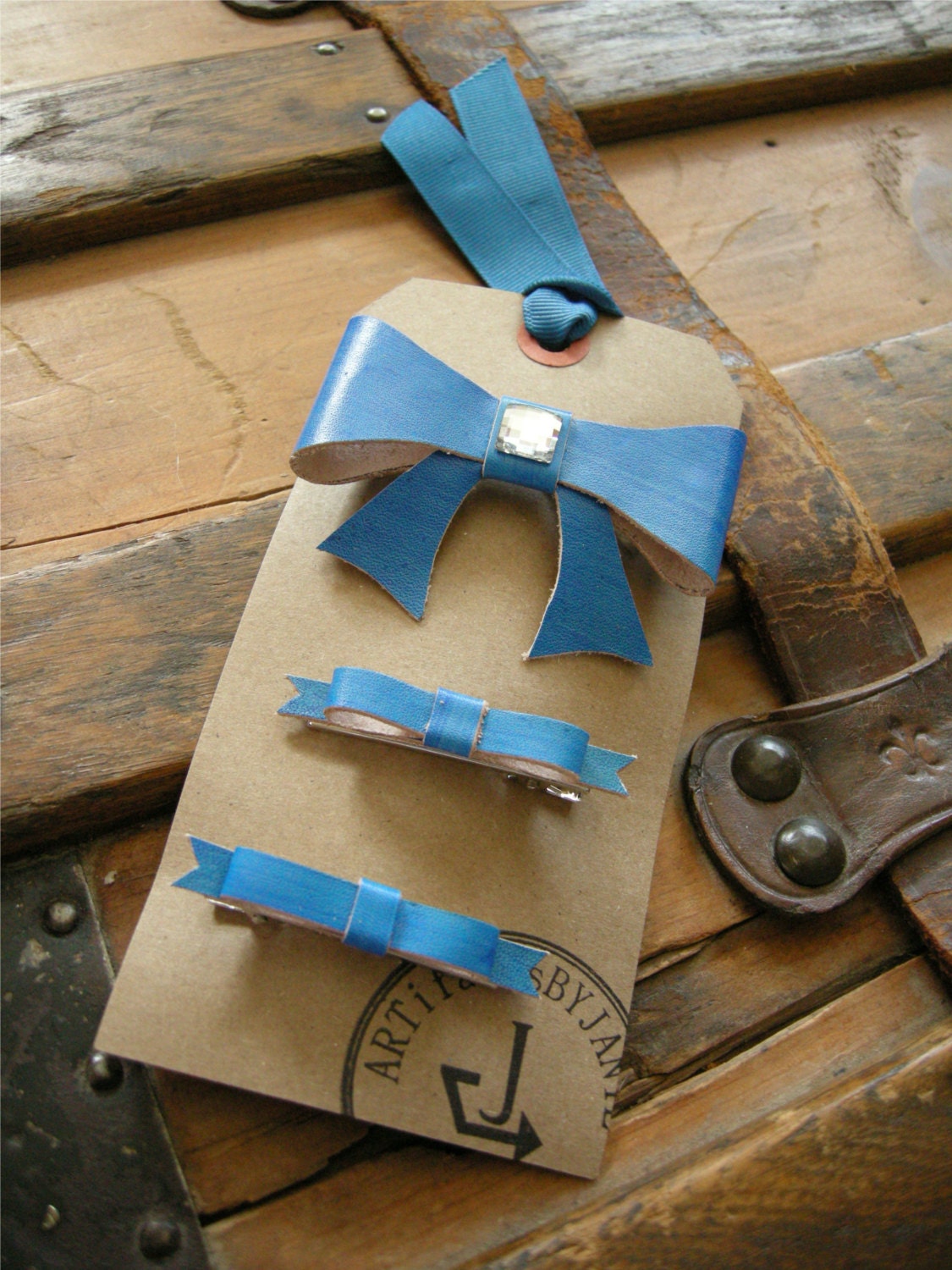 Leather Blue Hair Bow Barrette Set with Swarovski Crystal and Two Mini Bow Clips