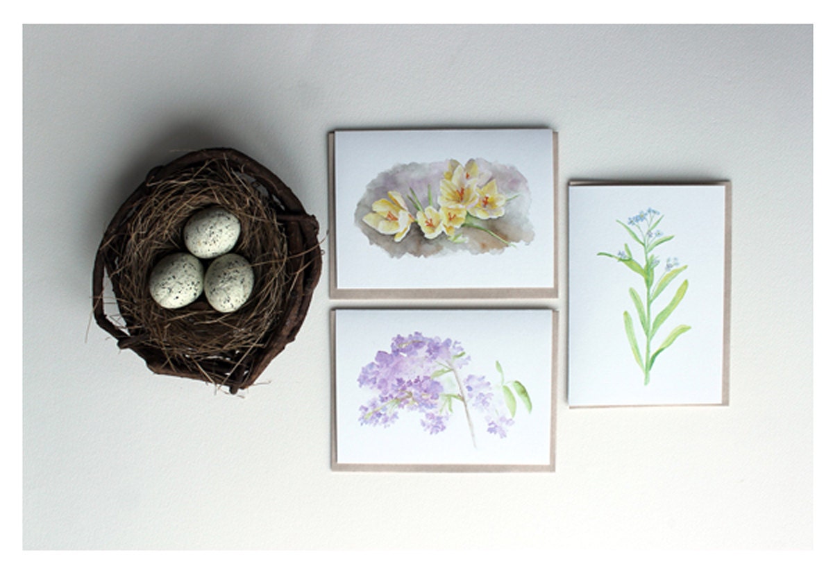 Spring Flower Note Cards - Set of 3 - Crocus, Lilacs, Forget Me Not, Garden, Nature, Watercolor, Yellow, Purple, Lilac, Blue, Green