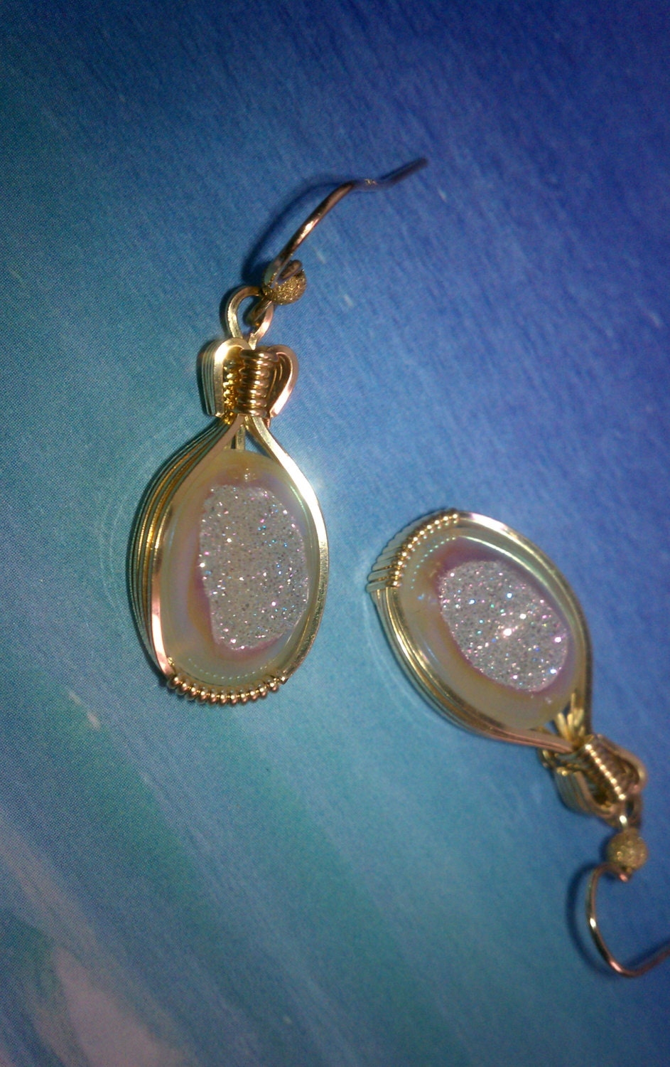 White Crystal Druzy Earrings Wire Wrapped