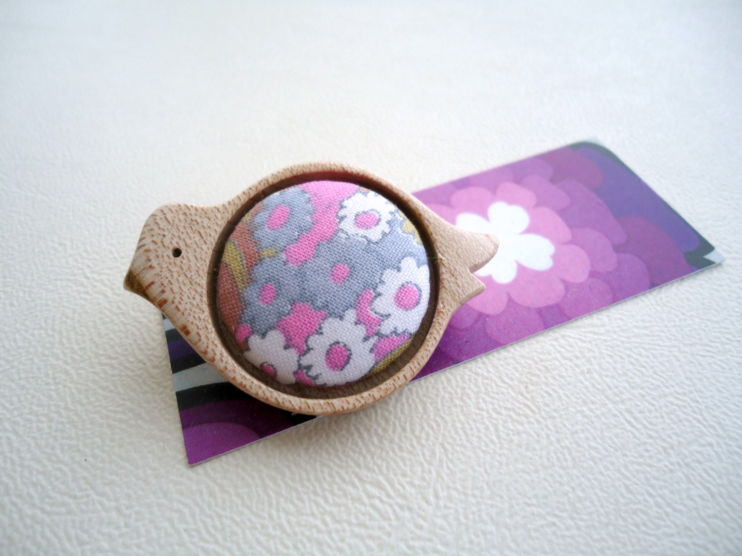 maple wood and vintage fabric birdie brooch