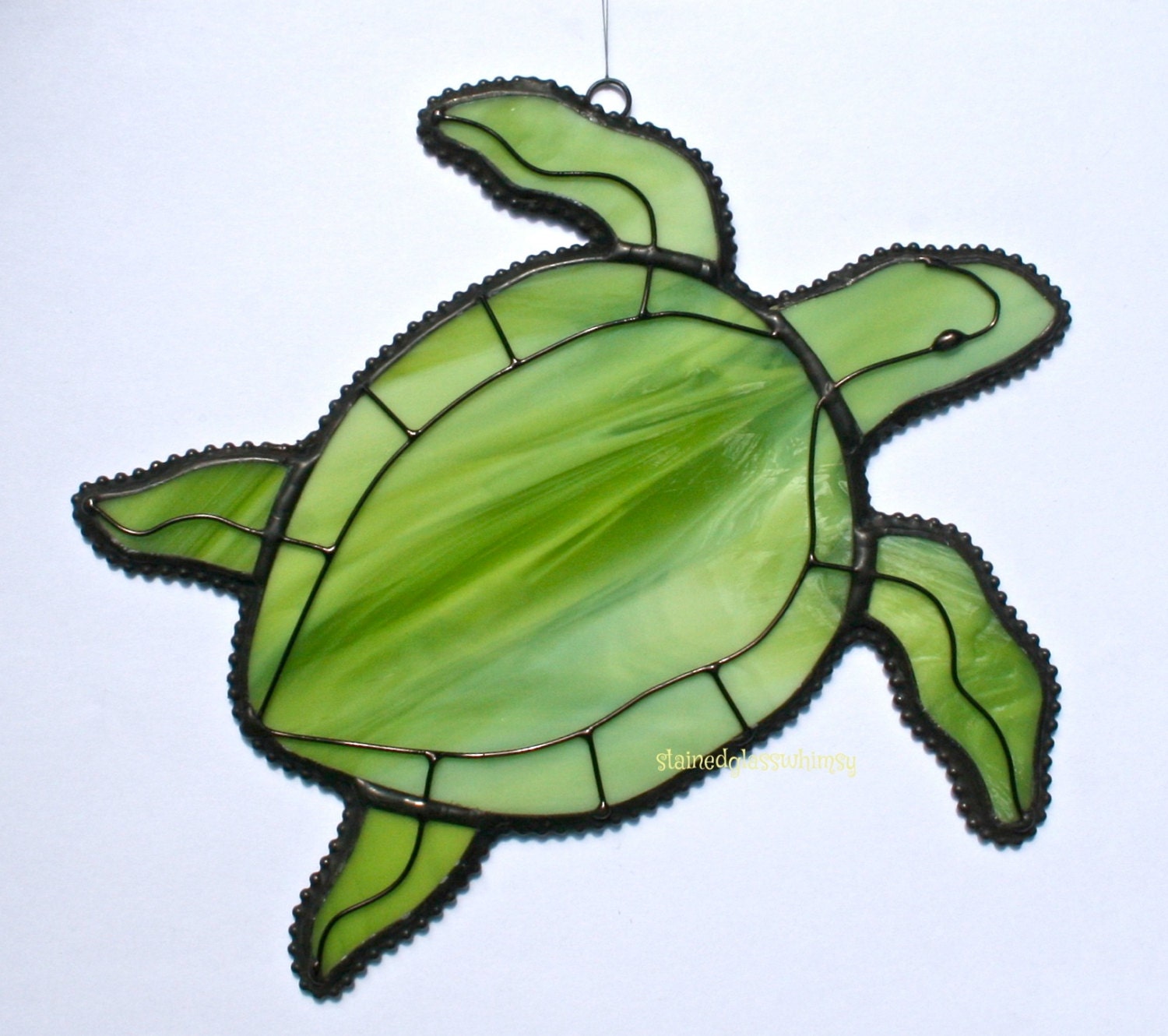 Stained Glass SEA TURTLE Suncatcher -Wispy Spring Green / White - USA Handmade Original