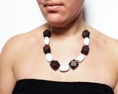 tribal necklace wood glass white - lampwork beads