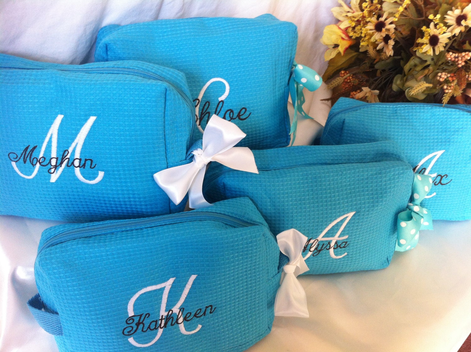 5 Personalized wedding party waffle weave cosmetic bags