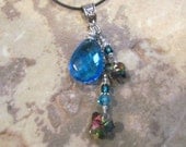 Blue Crystal Wire Wrapped Pendant w/ Crystal Butterflies/ Swarovski Crystals