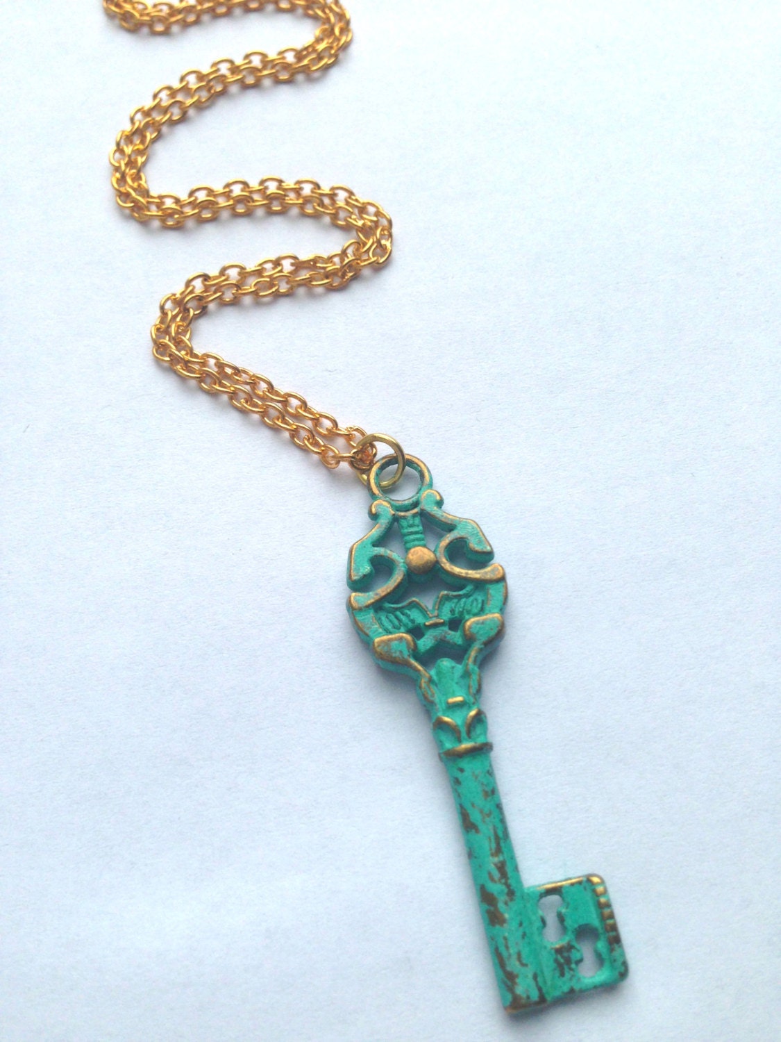 Green Turquoise Patina Verdigris Key Gold Necklace
