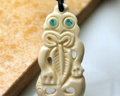 Handmade Carved Ox Bone HEI TIKI Pendant Necklace/ Paua Shell Eyes / New Zealand Maori Necklace / Polynesian / Hawaiian Style Necklace