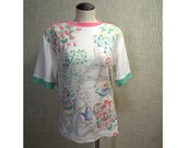 70s 80s Floral Pink Teal Garden Party Mom Tshirt Tee Shirt Top // marked womens medium