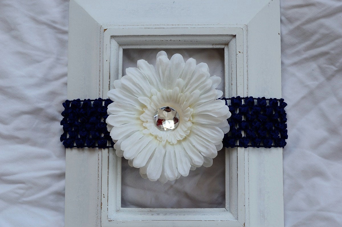 FREE SHIPPING in the U.S. - Navy Blue Crochet Elastic Headband with Removable Ivory Flower Clip