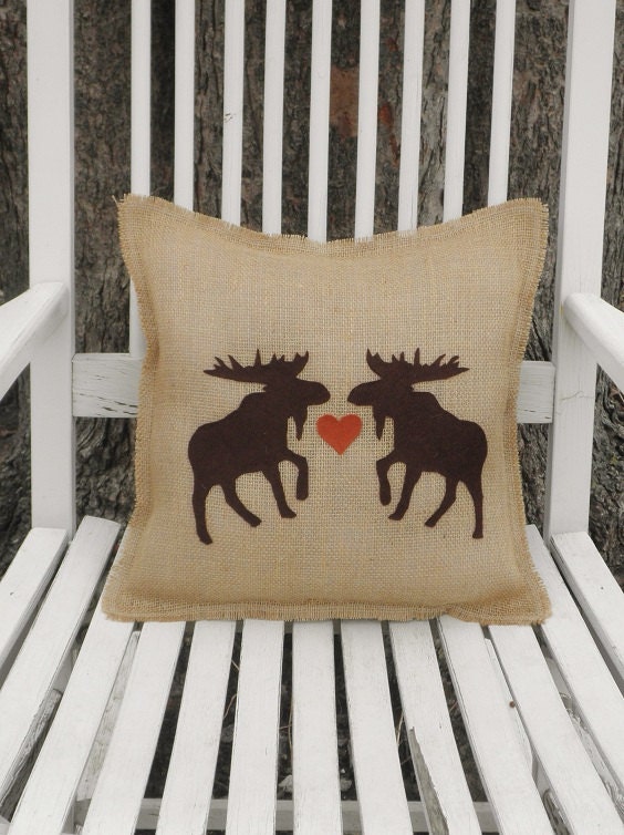 14"x14" Moose Love Natural Burlap Fringe Pillow-Folk/Americana/Country/Rustic