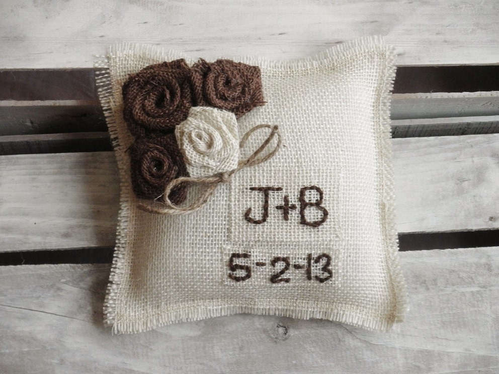 8" x 8" Off White Burlap Ring Bearer Pillow w/ Rosettes -Jute Twine-Custom-Intials & Wedding Date - Rustic/Country/Shabby Chic/Folk/Wedding