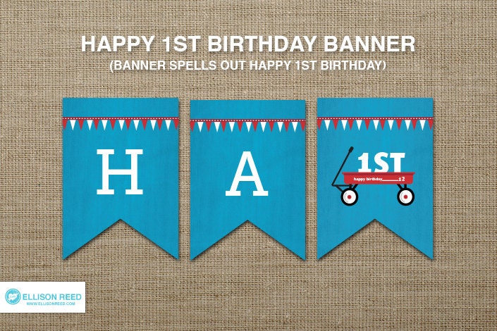 Red Wagon Printable - Happy 1ST Birthday Banner - First birthday - Printable Party - Boy birthday - Birthday Decorations - Red - Blue