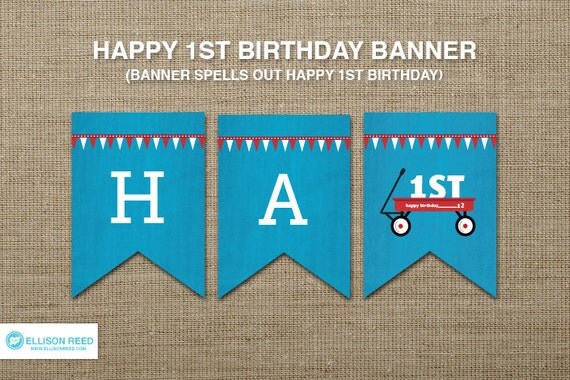 Red Wagon Printable - Happy 1ST Birthday Banner - First birthday - Printable Party - Boy birthday - Birthday Decorations - Red - Blue Il_570xn