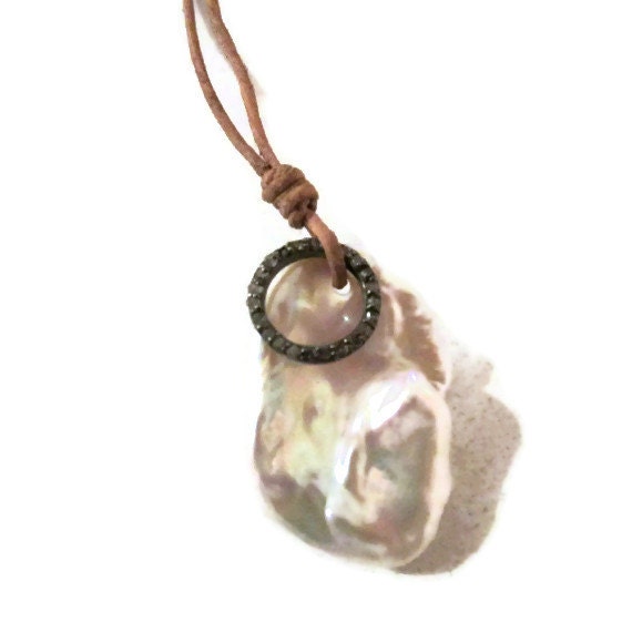 Keshi Baroque Pearl Pendant, Pave Diamond  Pearl Leather Necklace,