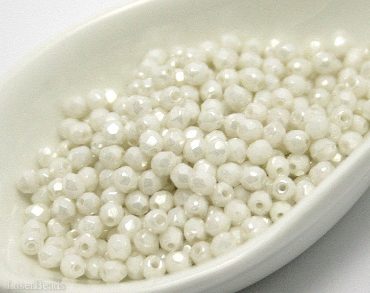 Czech Fire Polished 3mm Beads (70) Glass Round Polish Opaque Luster Alabaster Off White Pearl