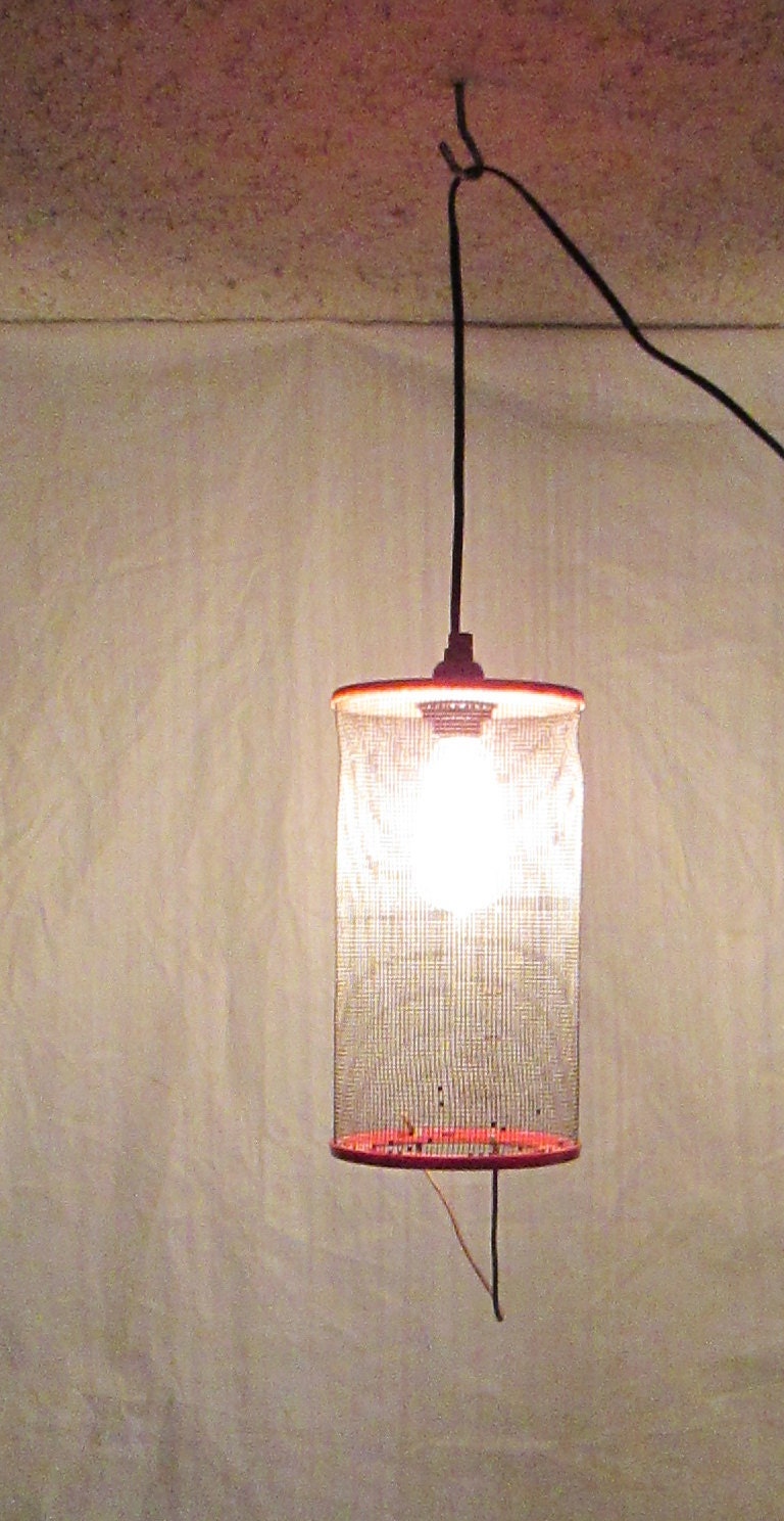 Re-purposed fishing bait trap, hanging pendant lighting, green wire basket, unique light, orange and grey, fishermans retreat light