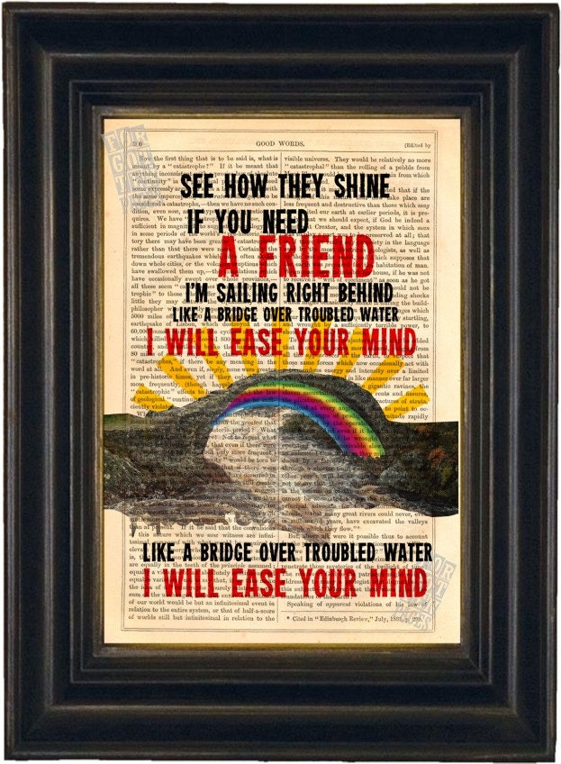 Simon and Garfunkel Bridge Over Troubled Water  song lyric Print on upcycled Vintage Page mixed media digital