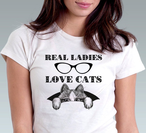 Real Ladies Love Cats T-Shirt FUNNY Cat Ladies Shirt Kitten Art Print Women T-Shirt Cat Lover Gift - White or Pink, in XS, S, M, L, XL
