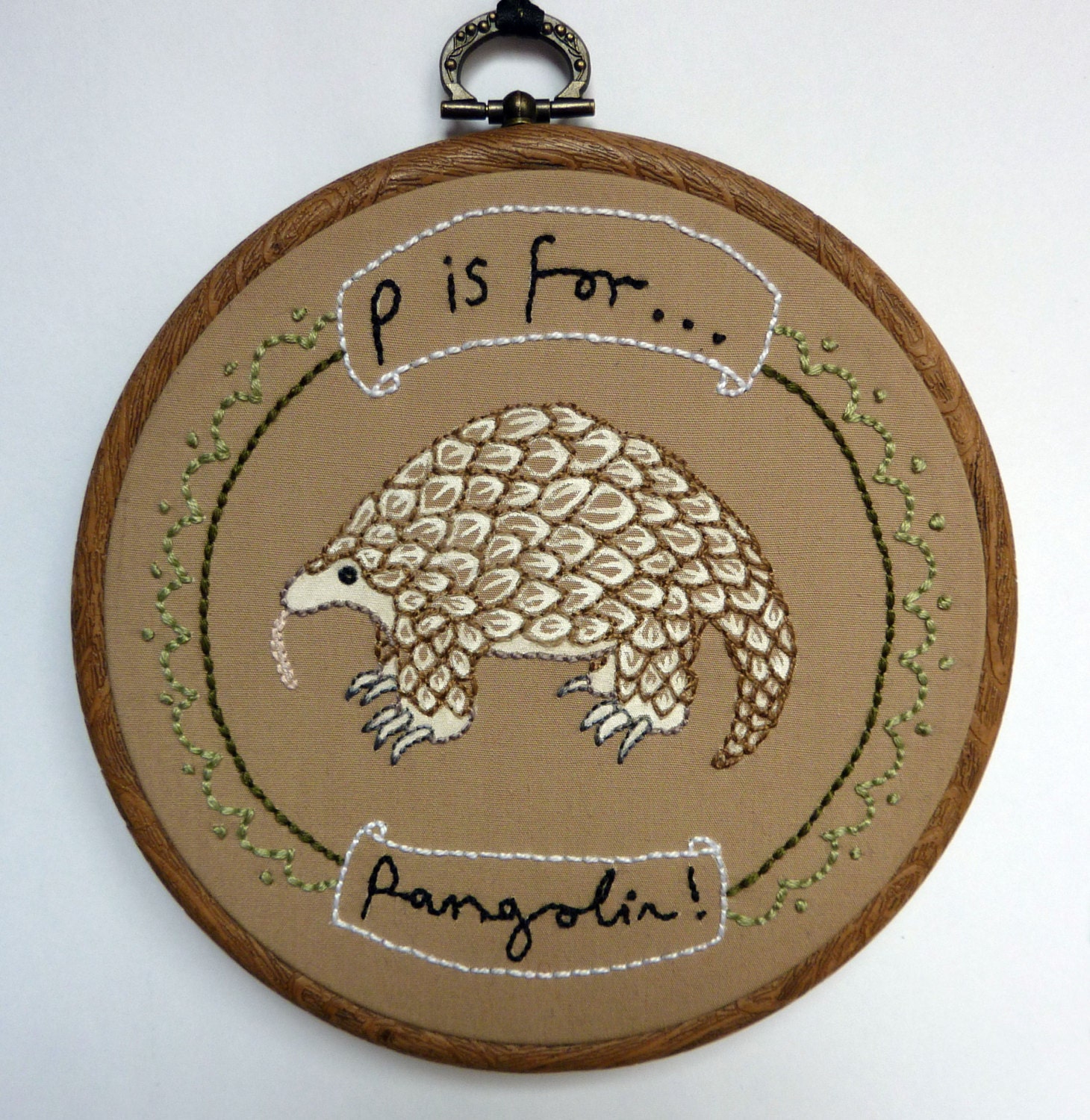 Hand-Embroidered Pangolin hoop - by LokiCoki