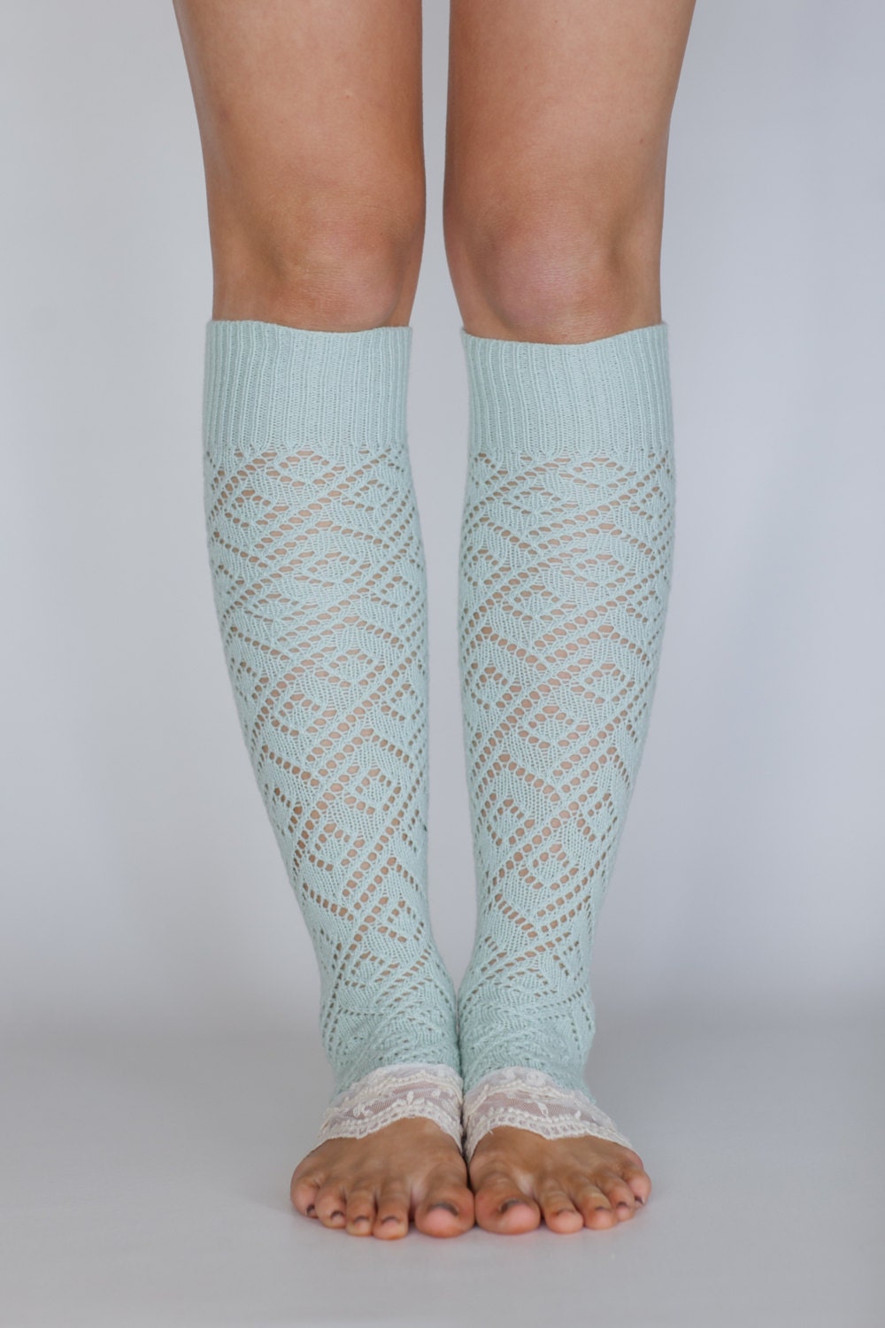 Fresh Mint Lacy Knit Leg Warmers with Ivory Vintage Lace Trim - Spring in Your Step Leg Warmers