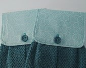 Hanging Kitchen Towel Set- Teal Blue/Green White Print Cotton Fabric With Teal Blue/Green  Terry Cloth Towel Button Closure