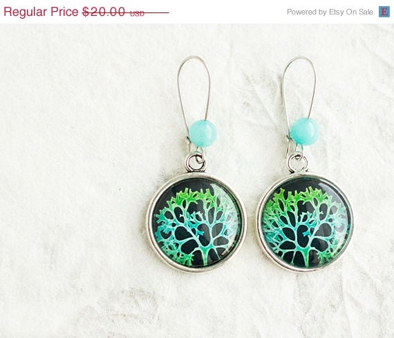 ON SALE Seaweed Earrings, Sea Earrings, Plant Earrings, Green and Blue, Black, Silver Tone, Resin, Glass, FREE shipping