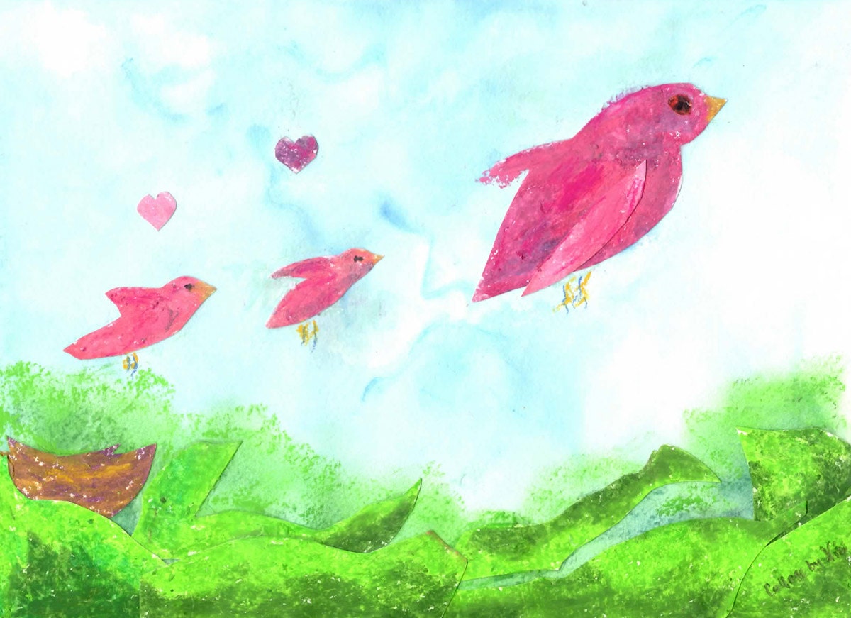 Original Childrens Art Mama and Baby Birds Mixed Media Collage Flight Lesson