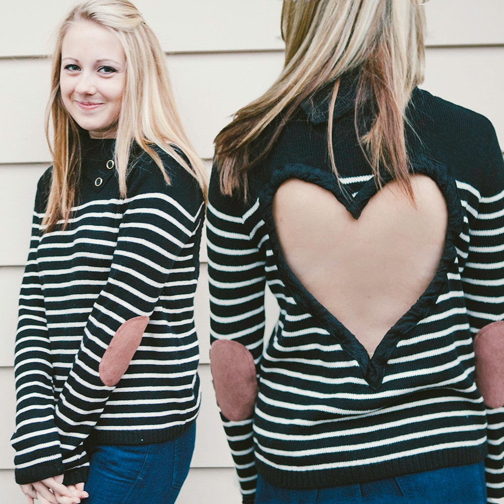 MEDIUM Heart Cut out Sweater Ready to Ship Buttoned Turtleneck Black/White Upcycled FEATURING sueded elbow patches SO Cute