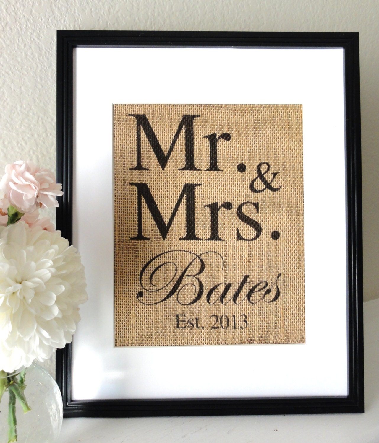 Burlap Art, Personalized Mr and Mrs, Gift for Weddings, Engagements, Showers, Announcement, Print or Sign