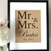 Burlap Art, Personalized Mr and Mrs, Gift for Weddings, Engagements, Showers, Announcement, Print or Sign