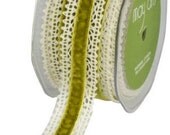 1 YD Green Sweet Pea Velvet Ribbon With Crocheted Trim 1 inch diameter Scrapbook Card Making Crafting