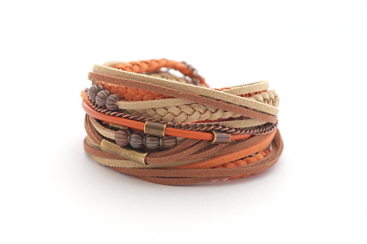 Wrap Bracelet, Boho Bracelet , Brown Orange Beige Boho bracelet, suede, double wrap, boho chic