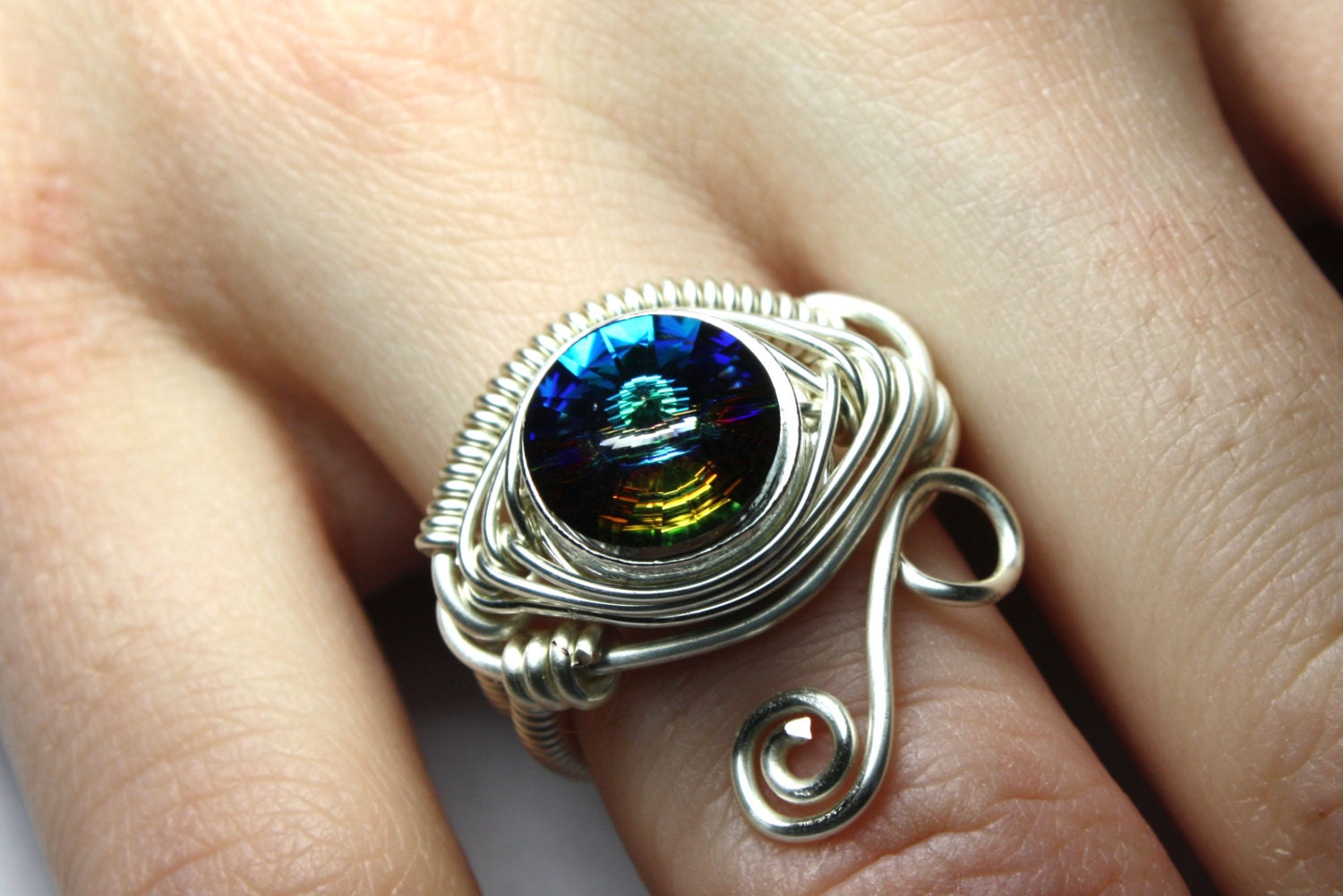 Egyptian Wire Ring -  Eye of Horus - Meridian Blue Swarovski Crystal