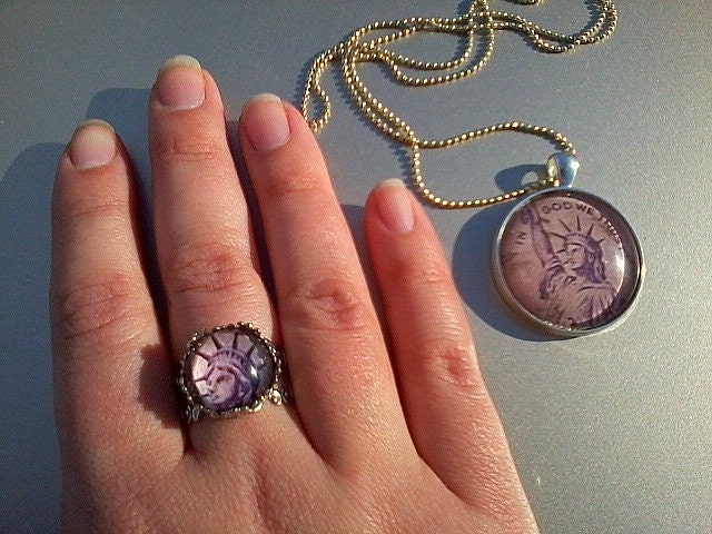 Vintage US postal stamp pendant and adjustable ring, matching silver mini-ball chain