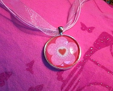 Valentine's Day red and pink flower pendant, with pale pink organza ribbon necklace