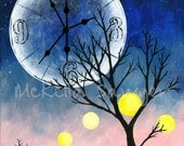 8"x10" art print-mixed media painting-clock moon and trees-sunrise, sunset