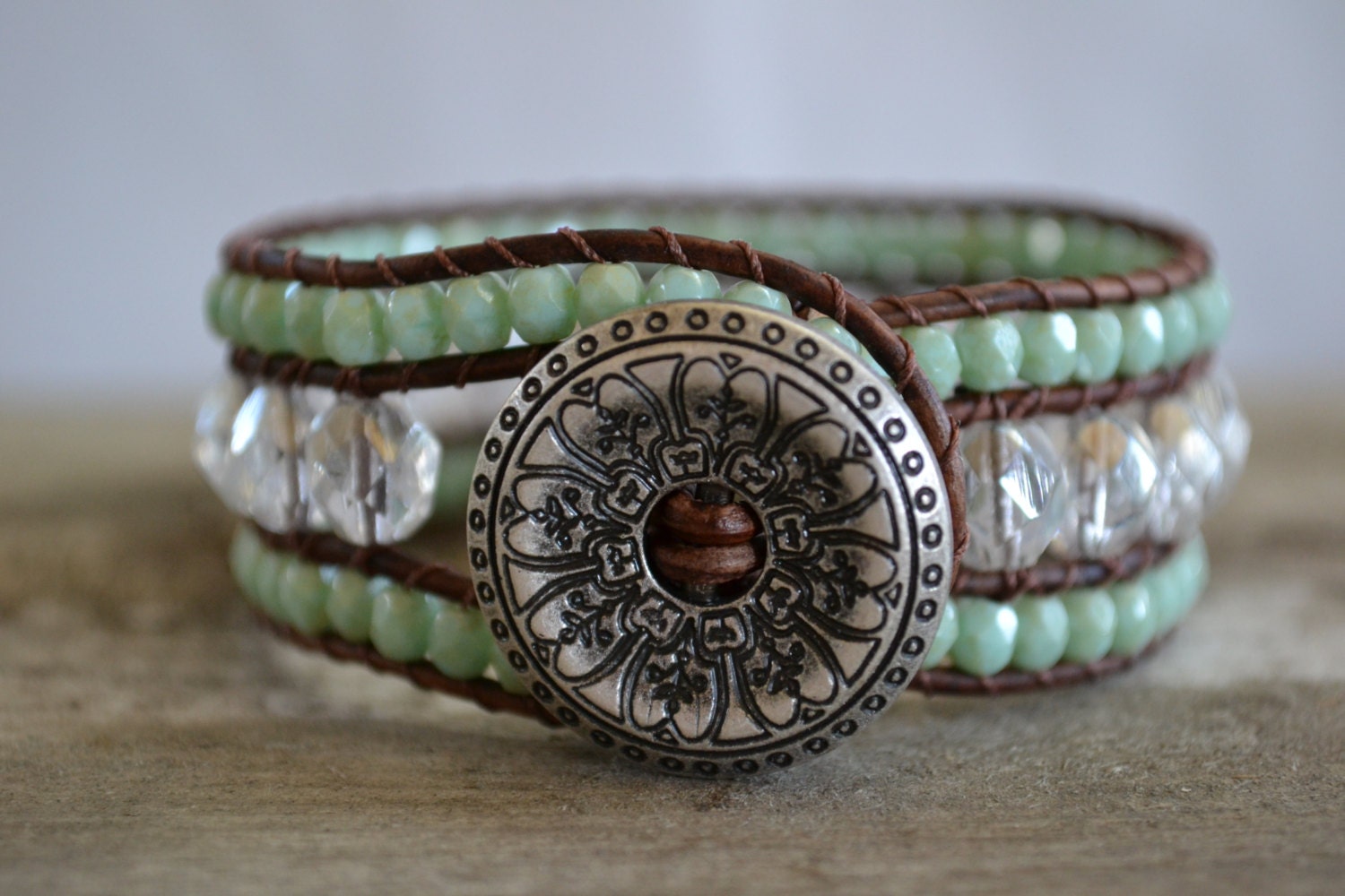 Surfer girl beaded cuff bracelet "Clear, Diamond Like and Aqua/Mint", Brown leather, very rustic-boho chic, bohemian, gypsy