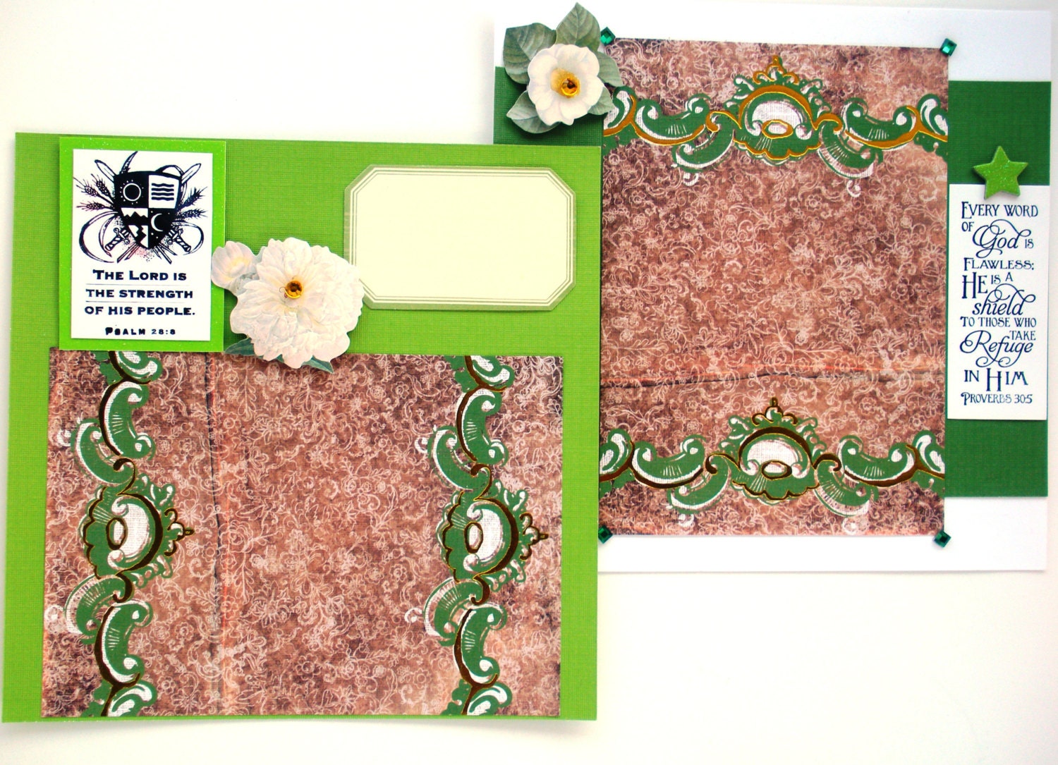 Shield Verses Scrapbook Pages. Handmade Scrapbook, 2 8 x 8 Pages. Psalm 28:8 & Proverbs 30.5