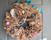 Burlap Beach Shell Driftwood Wreath - Abalone Shells Turquoise READY TO SHIP