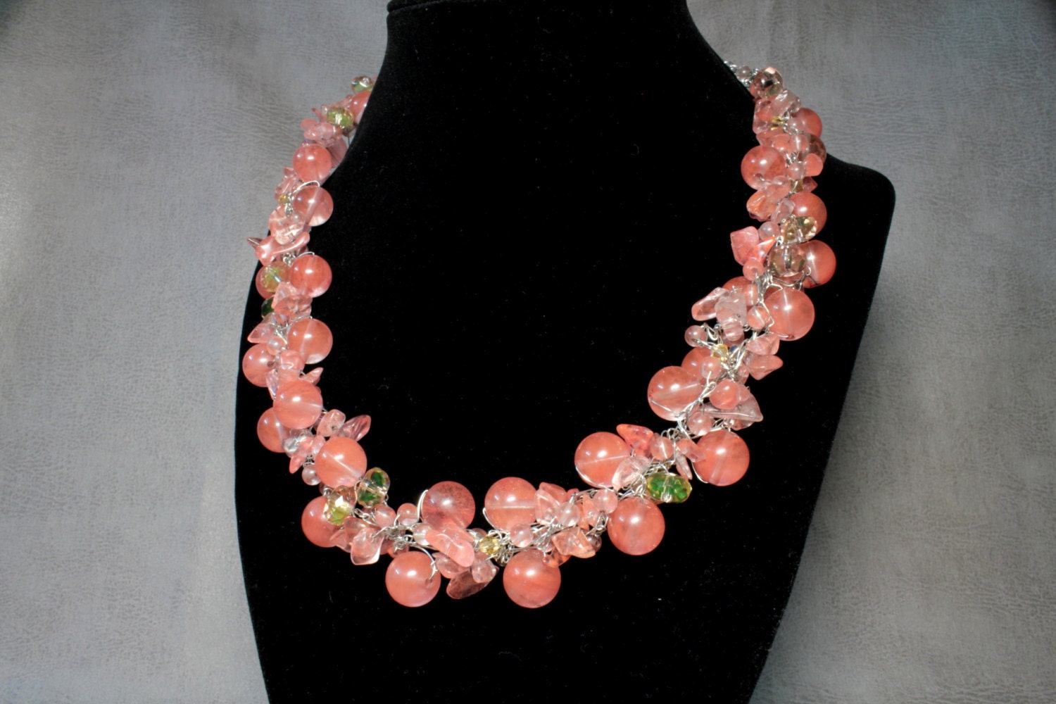 Cherry Quartz , Crystals, Silver Plated Wire, Crochet, Elegant Statement Necklace