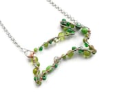 Leaping green bunny rabbit necklace, Czech glass, wire wrapped