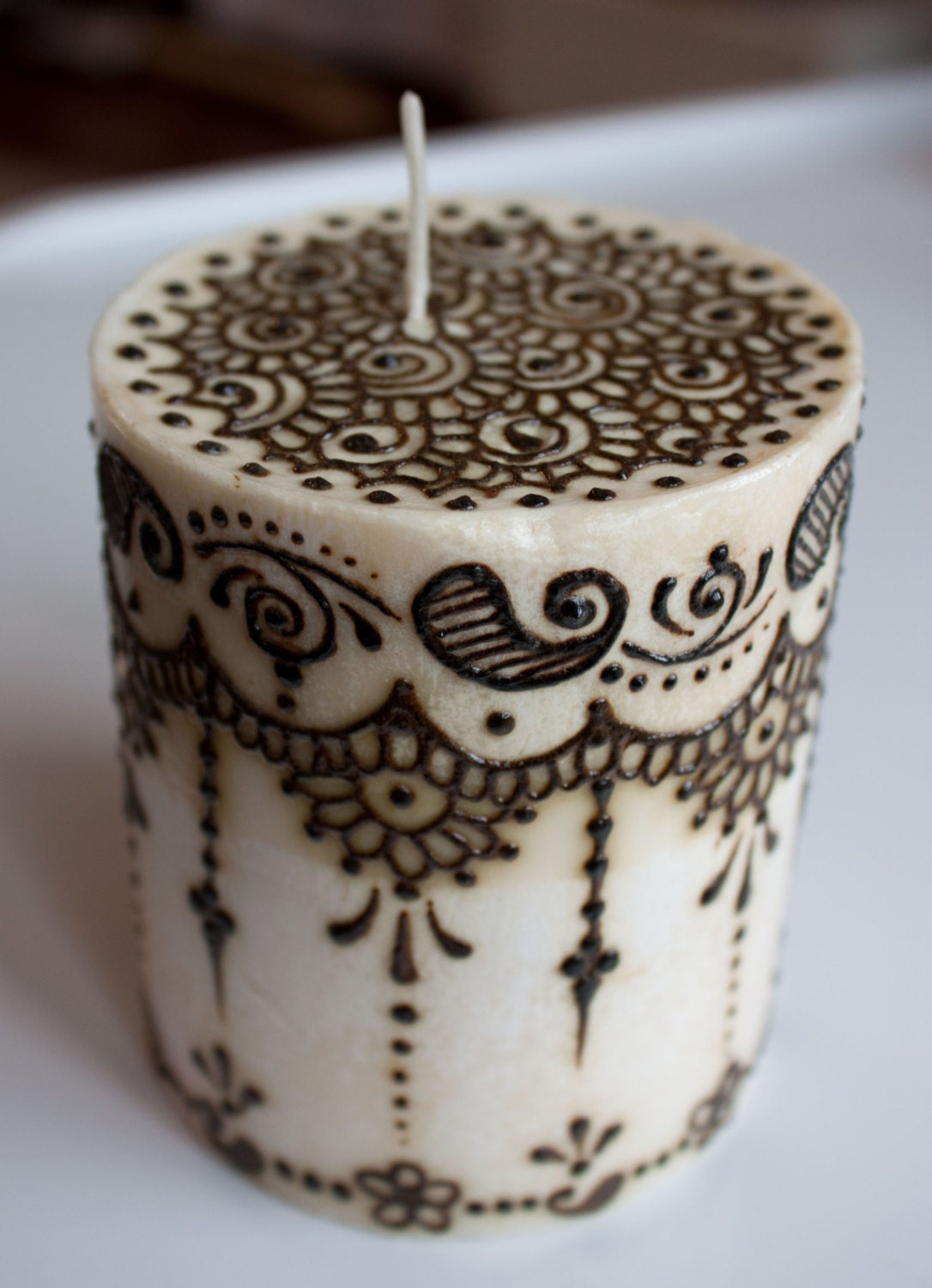 3 x 3 inch ivory white embellished pillar hand poured Henna soy Candle