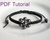 PDF Tutorial Beaded Flower Square Knot Macrame Bracelet Pattern, Hematite Adjustable Friendship Slider Bracelet