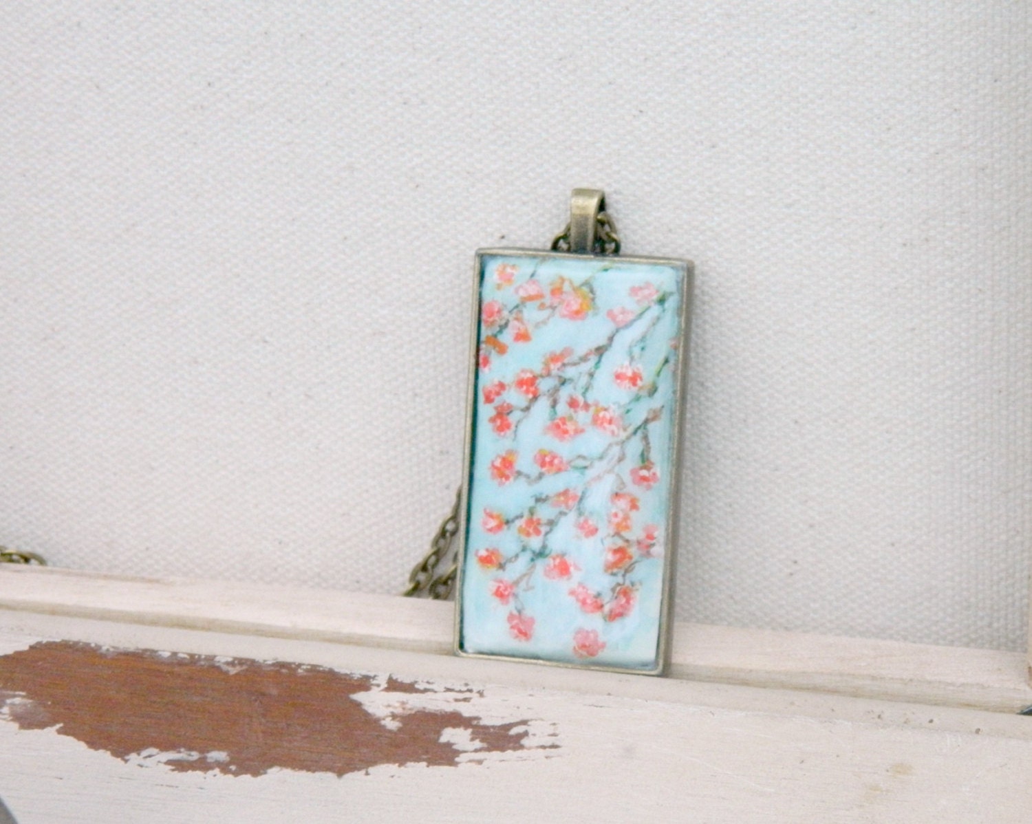 Cherry blossom pastel sky blue coral flower Hand painted art jewelry