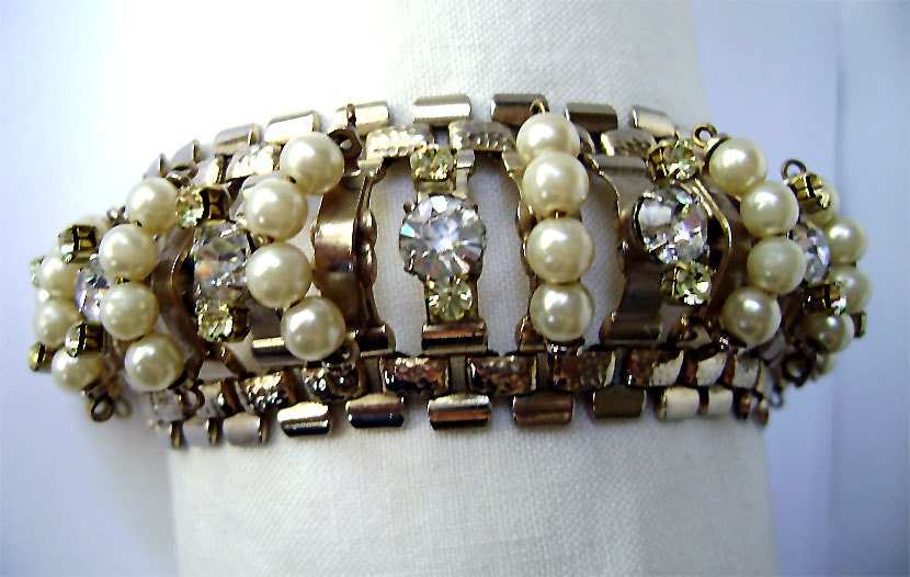 Vintage Victorian Revival wide Bookchain Pearl Rhinestone gold tone bracelet Runway statement jewelry