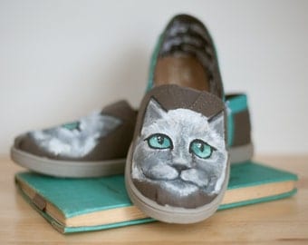 Cat Grey and Turquoise Children's CustomTOMS Shoes