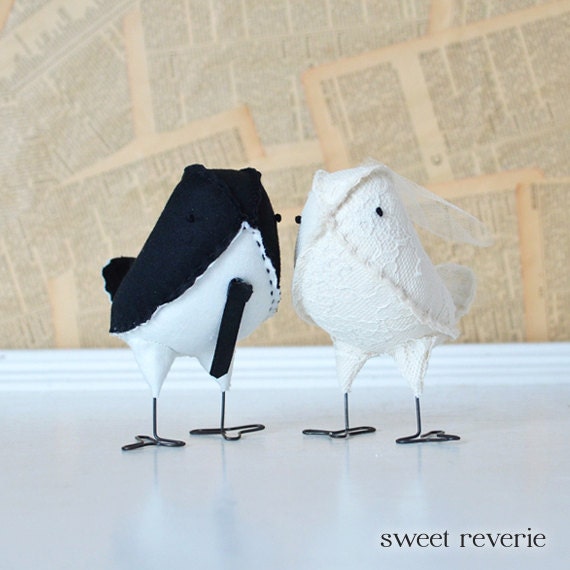 Wedding Cake Topper Birds - Fabric Love Birds in Ivory Lace and Black Sateen with Veil and Tie, Bride and Groom Cake Toppers