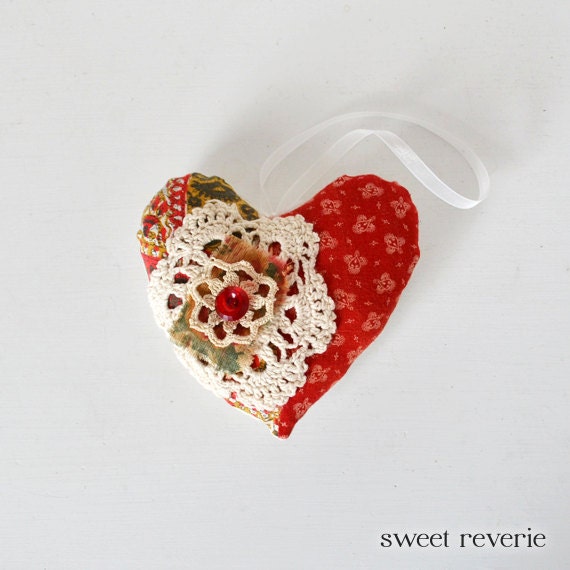 Romantic Shabby Chic Red Heart Pillow Ornament - Vintage Textiles Fabric and Lace Soft Hanging Heart Decoration - Mothers Day