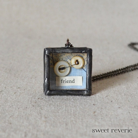Friendship Necklace, Miniature Shadow Box Necklace, Altered Art Vintage Button Ephemera Reliquary Jewelry, Gift for Friend