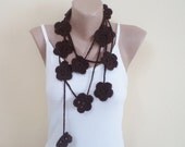 Handmade scarf with flowers. new fashion,  dark brown flowers lariat, women accessories, scraf, lariat, brown lariat